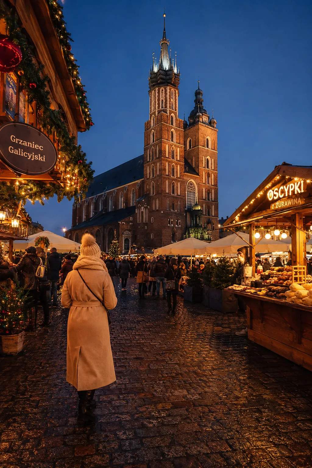 Krakow Christmas market in the Main Market Square with festive stalls and lights.