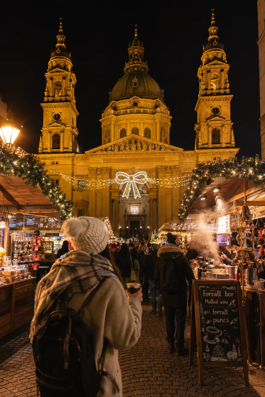 Budapest Christmas market near St. Stephen’s Basilica with festive lights.