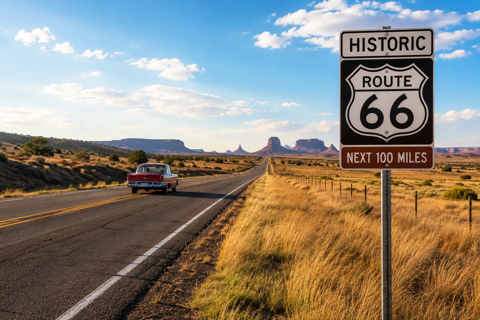 Best time to drive Route 66 with open highway and Route 66 sign.