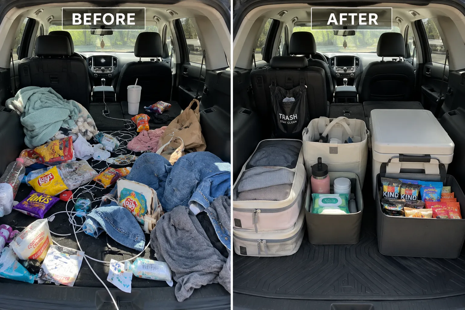 Messy versus organized road trip car packing comparison.