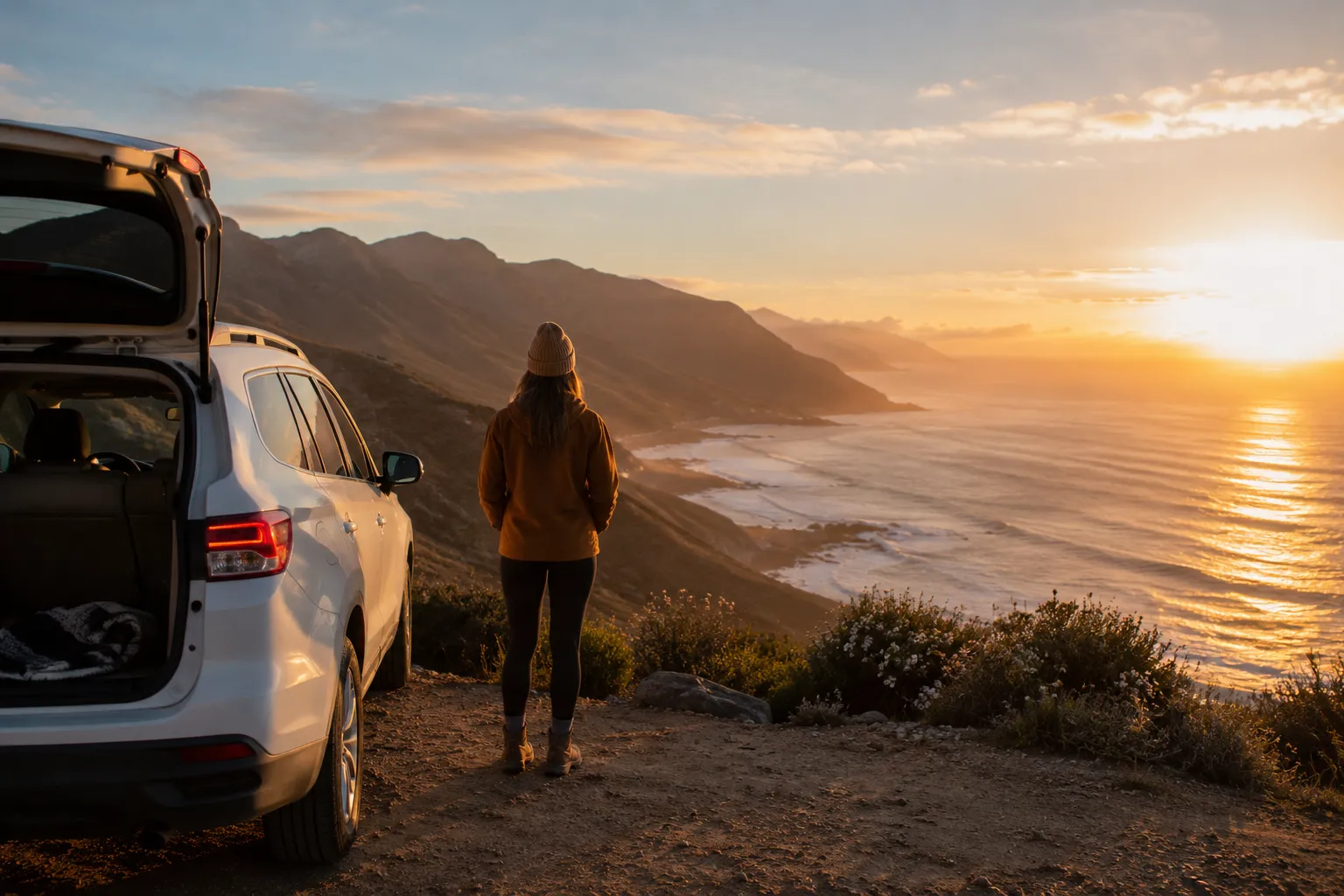 Solo road trip traveler looking at scenic viewpoint beside parked car.