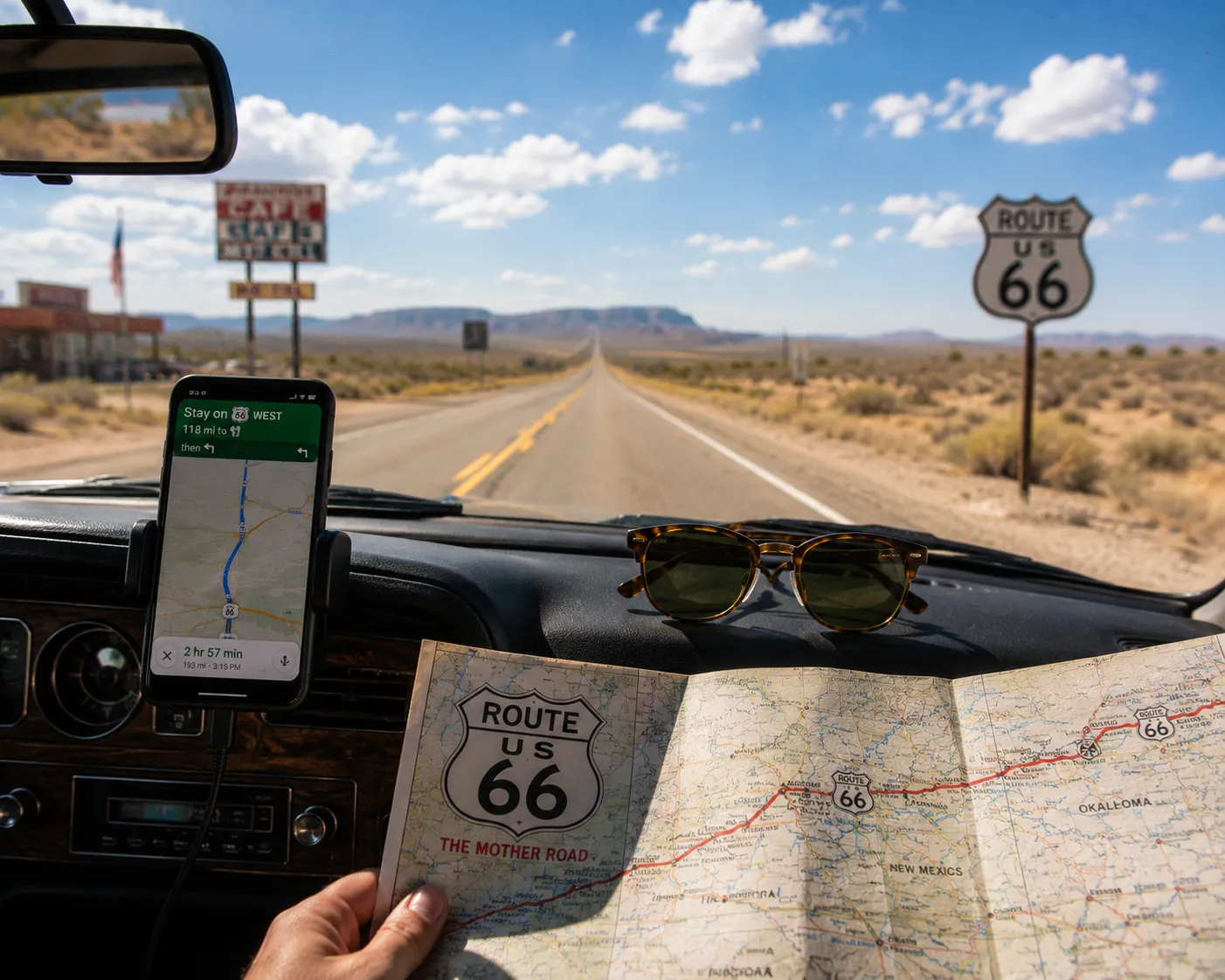 Route 66 road trip navigation with map and open highway.