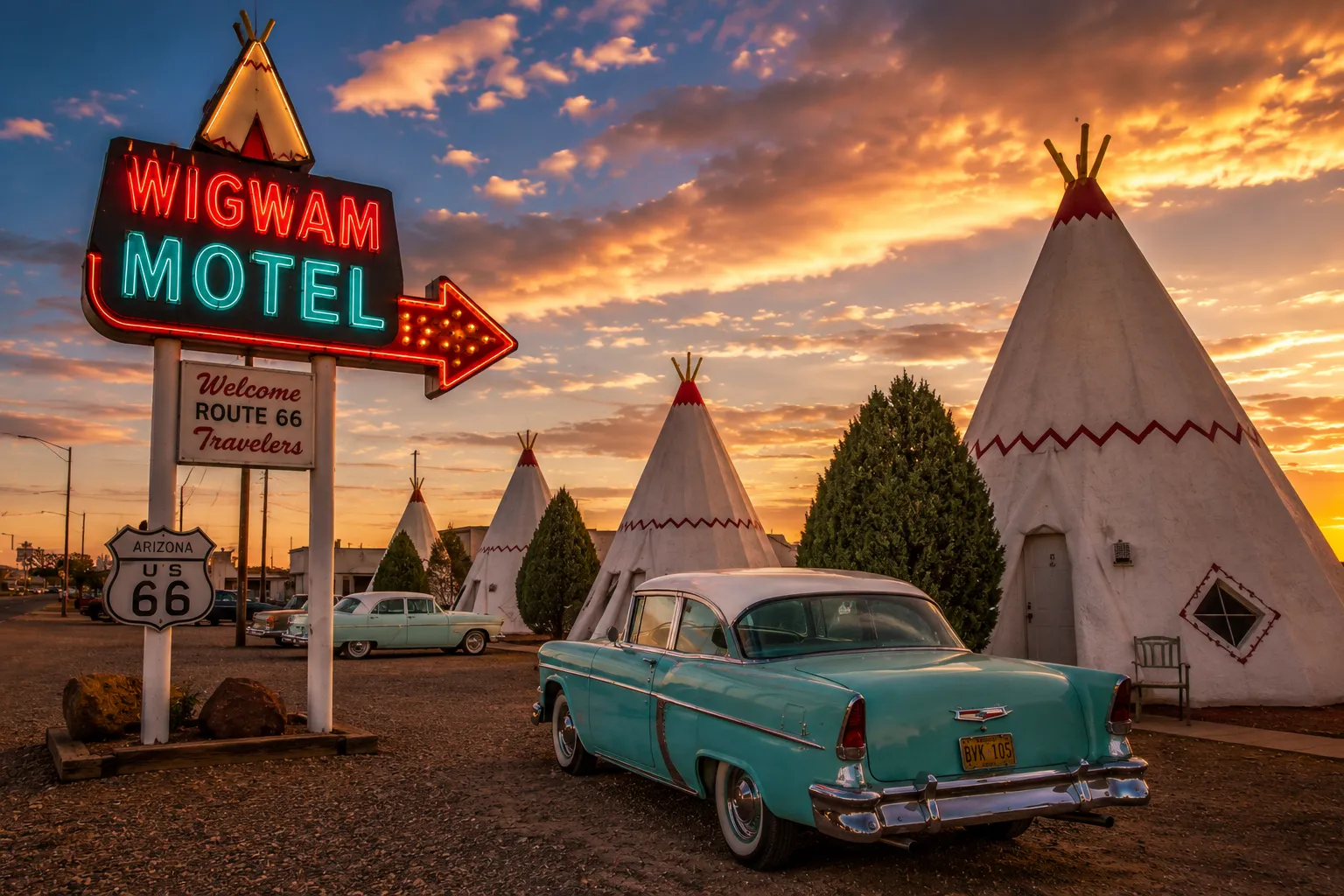 Wigwam-style Route 66 motel in Holbrook Arizona at sunset.