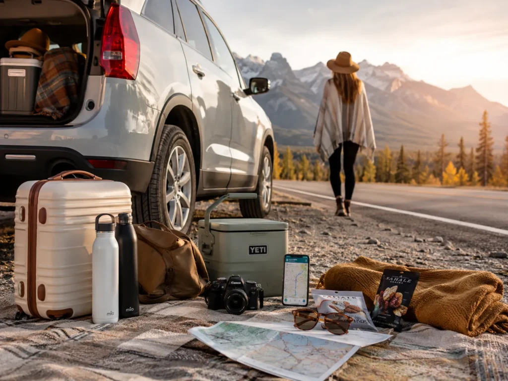 Ultimate road trip checklist with packed car, travel essentials, cooler, map, and scenic highway.