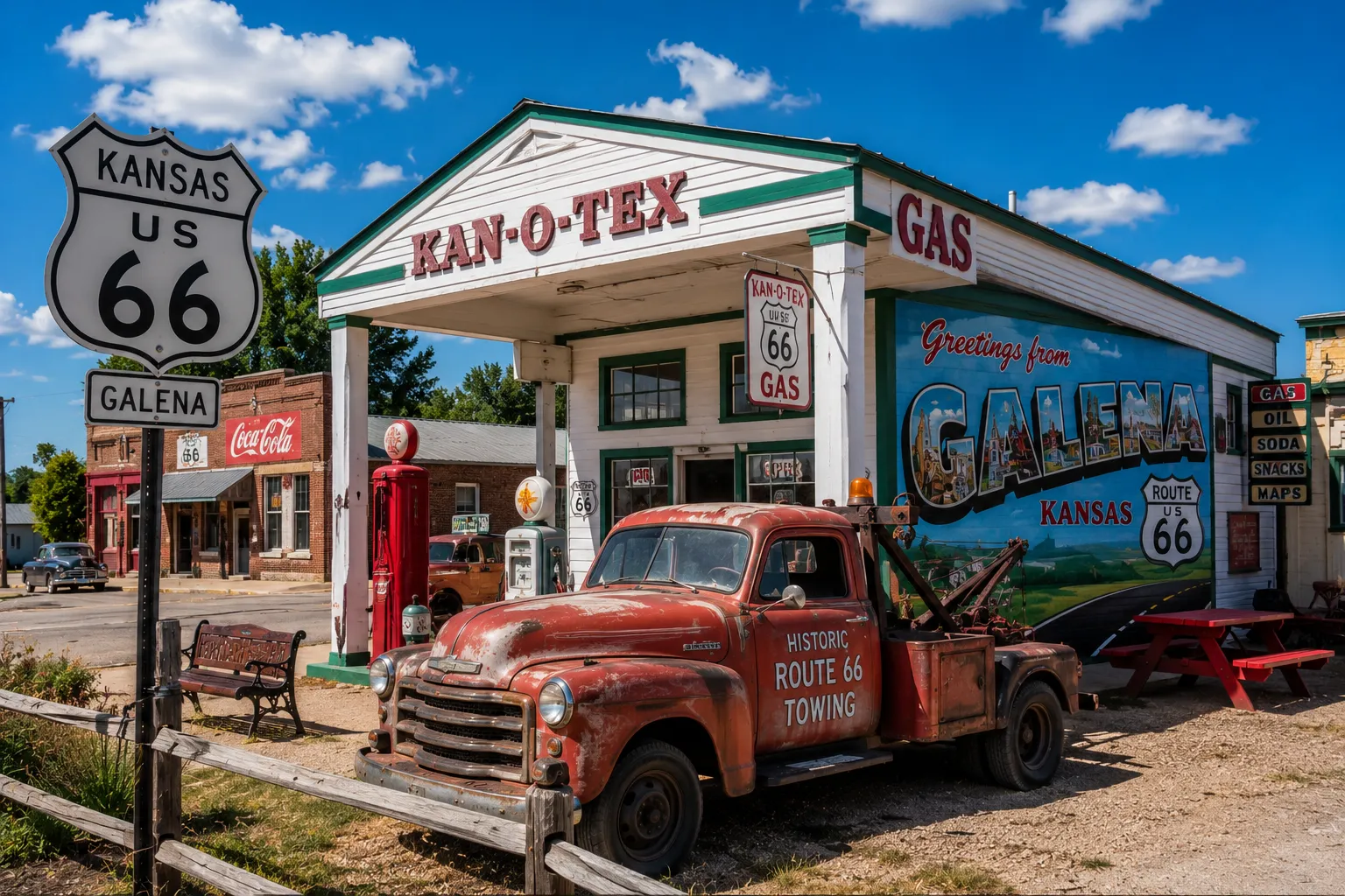 Kansas Route 66 restored gas station and vintage tow truck in Galena.