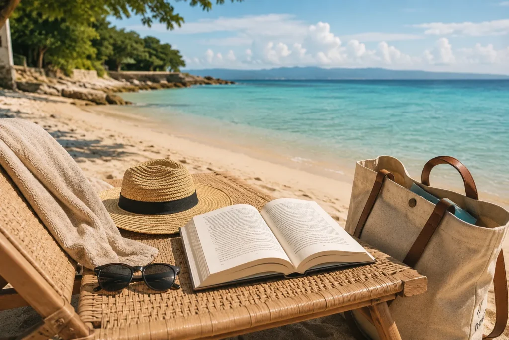 Beach vacation for book lovers with an open book, beach chair, and ocean view.