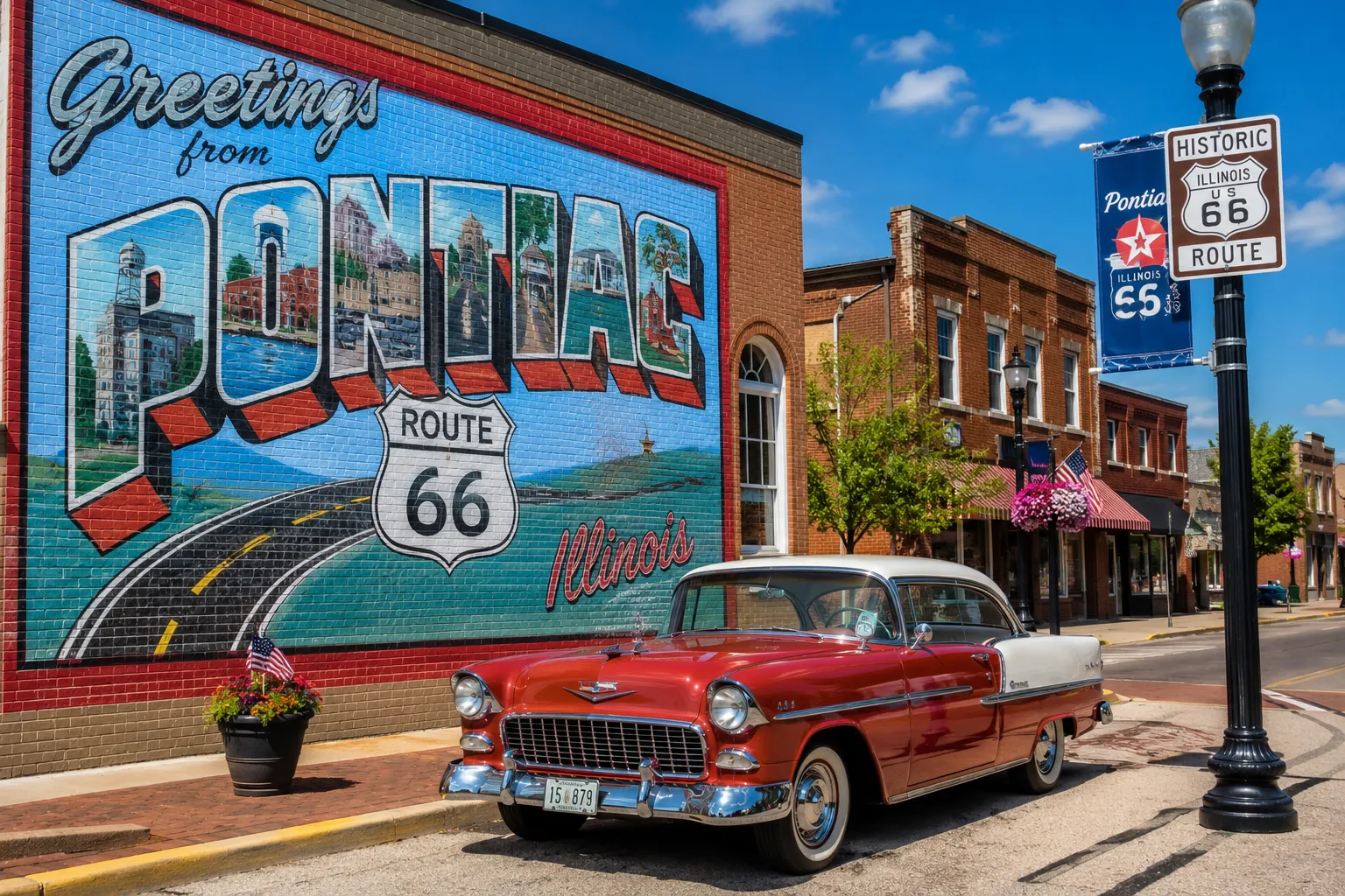 Illinois Route 66 mural and vintage car in a small-town street.