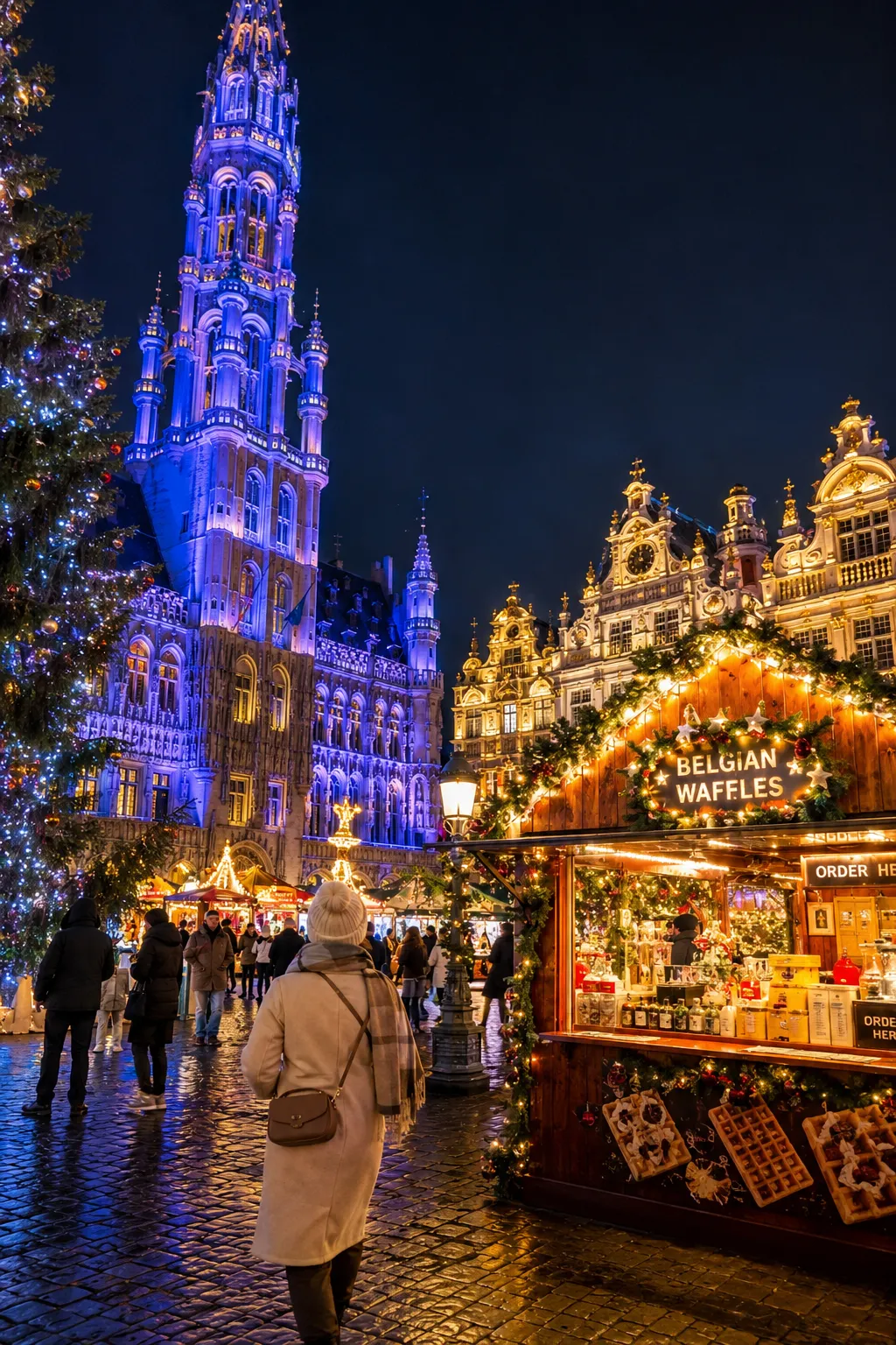 Brussels Winter Wonders Christmas market with Grand-Place lights and festive stalls.