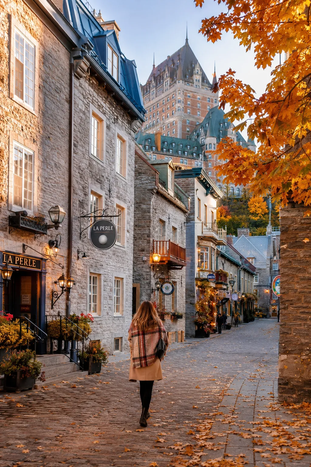 Quebec City fall travel destination with old town streets and autumn leaves