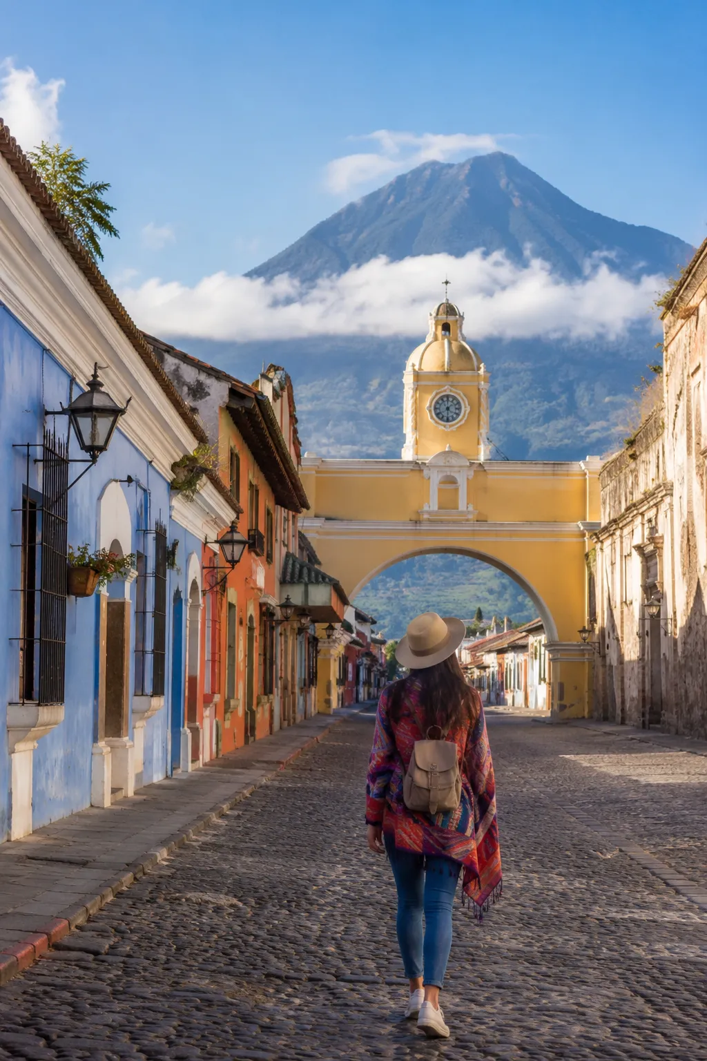 Antigua Guatemala budget travel destination with colorful streets and volcano views