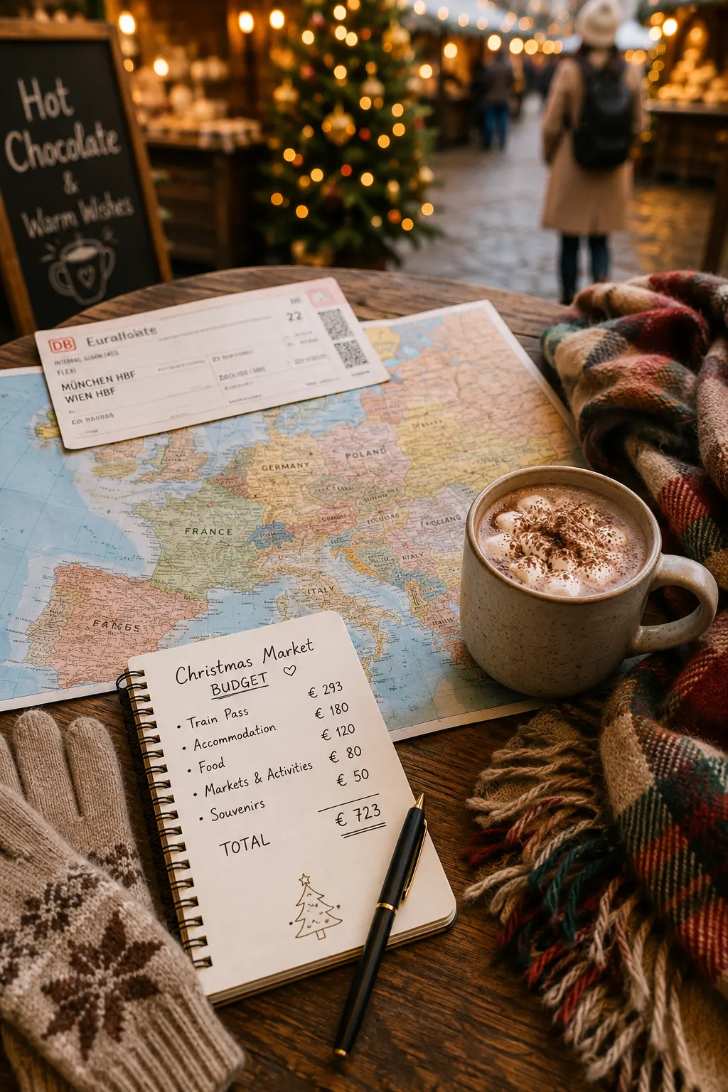 Europe Christmas market budget planning with map, train ticket, and winter accessories.