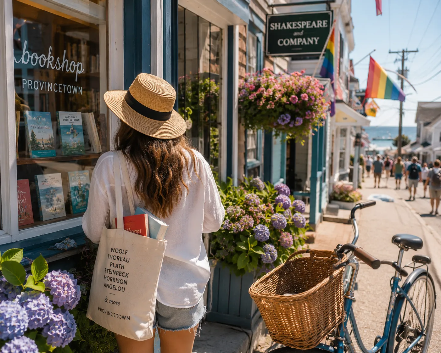 Provincetown beach vacation for book lovers with colorful streets and book tote.