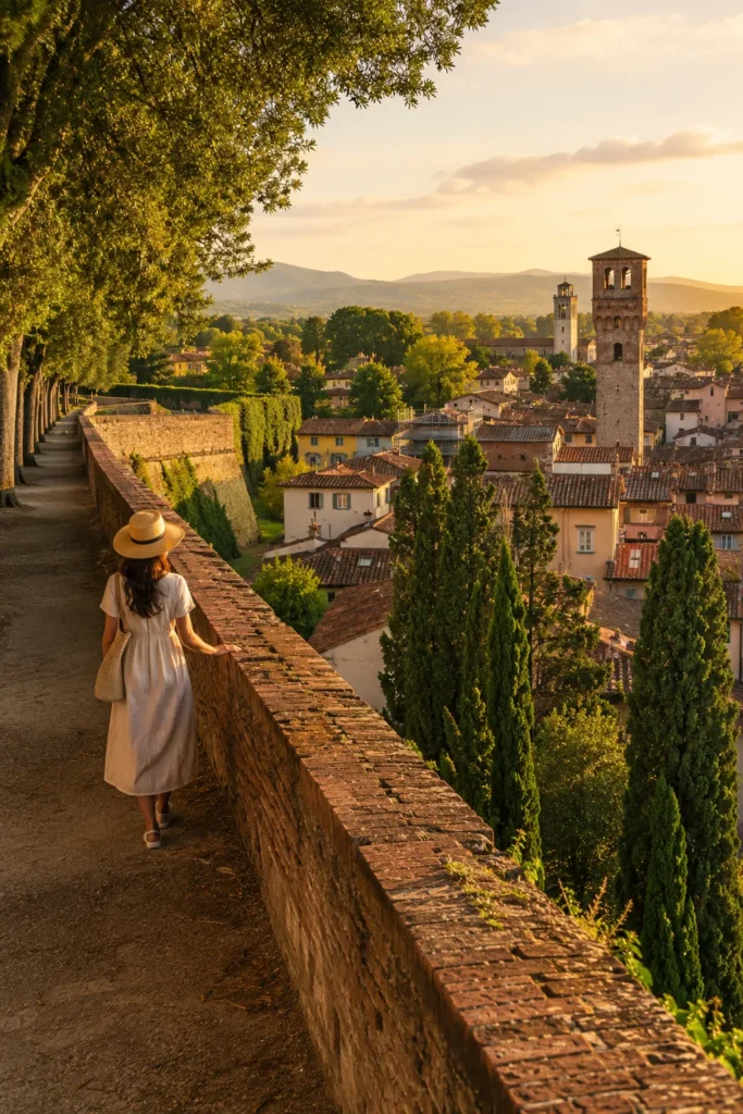 Slow travel Italy itinerary in Lucca Tuscany with historic walls and terracotta rooftops.