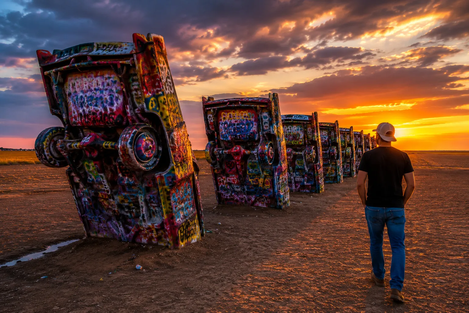 Cadillac Ranch on Route 66 in Amarillo Texas at sunset.