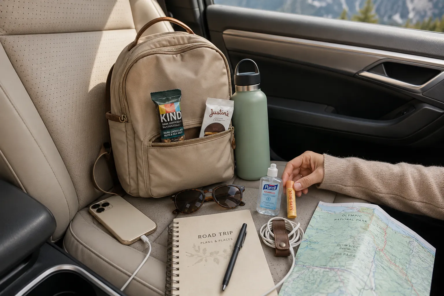 Front seat road trip essentials including backpack, water bottle, charger, snacks, and map.