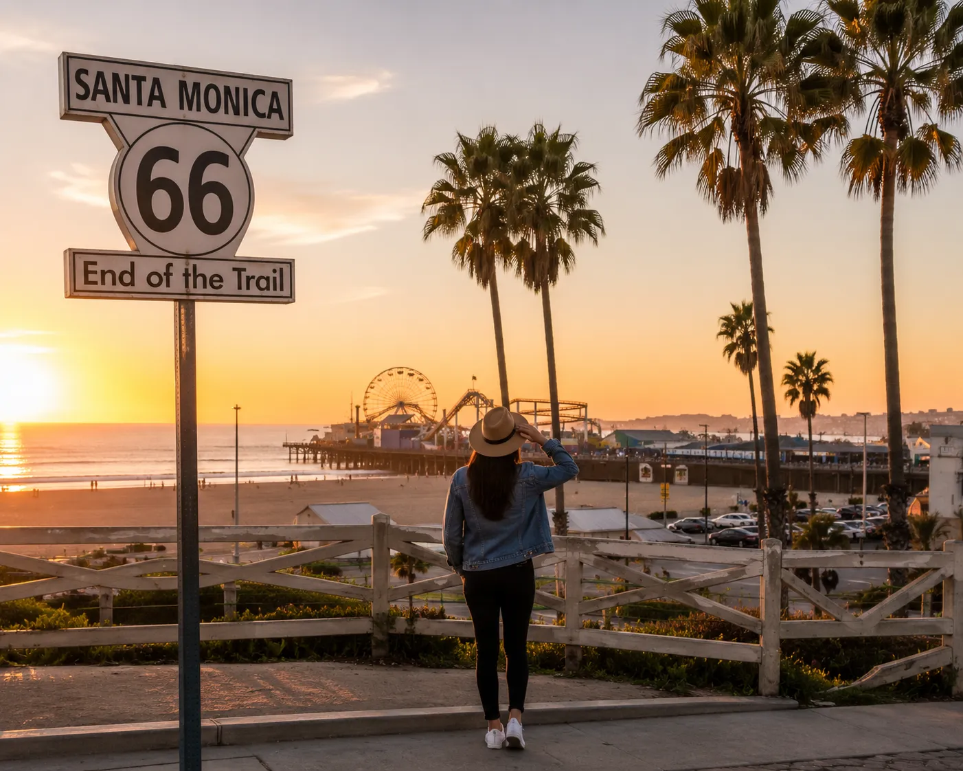 Route 66 end sign near Santa Monica Pier California.