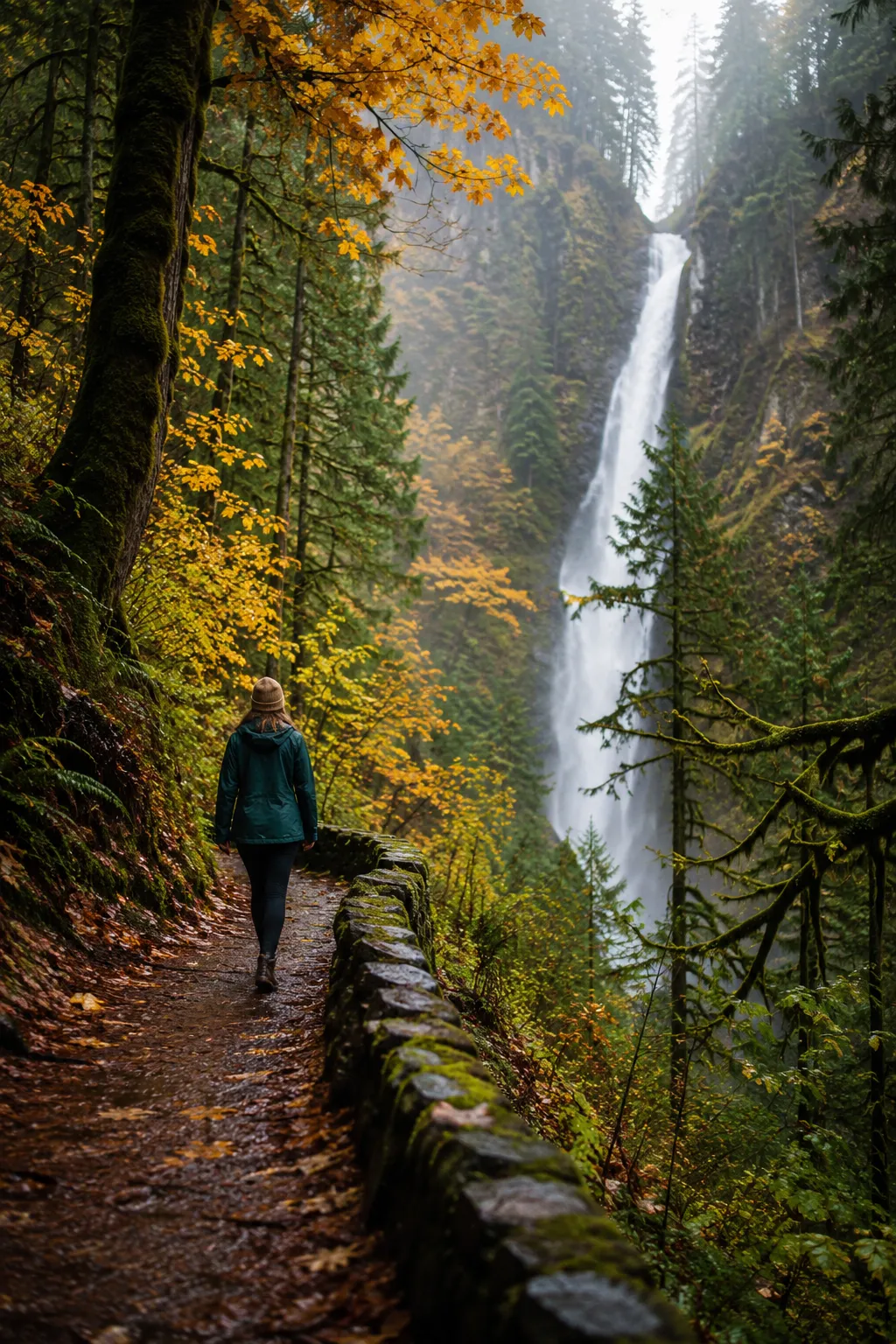 Columbia River Gorge waterfall with fall foliage
