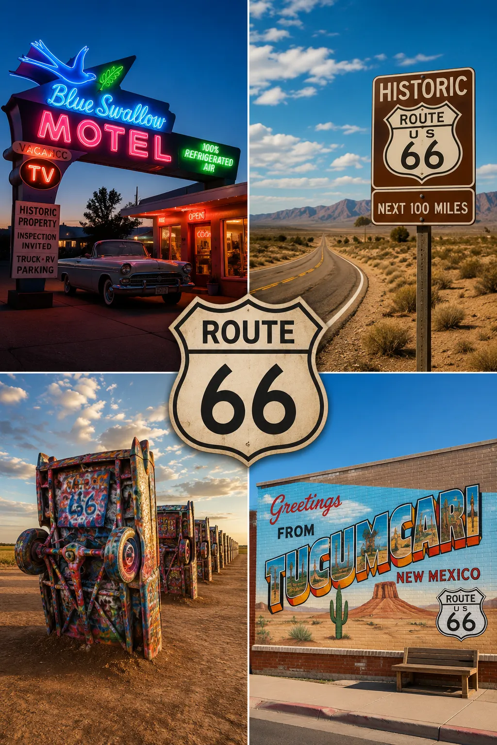 Pinterest-worthy Route 66 photo spots including neon motel, Cadillac Ranch, highway sign, and murals.