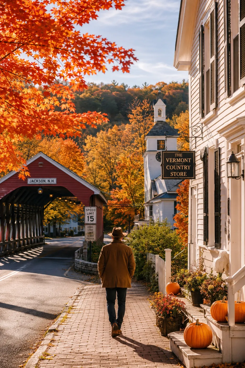 Vermont fall travel destination with colorful foliage and a covered bridge