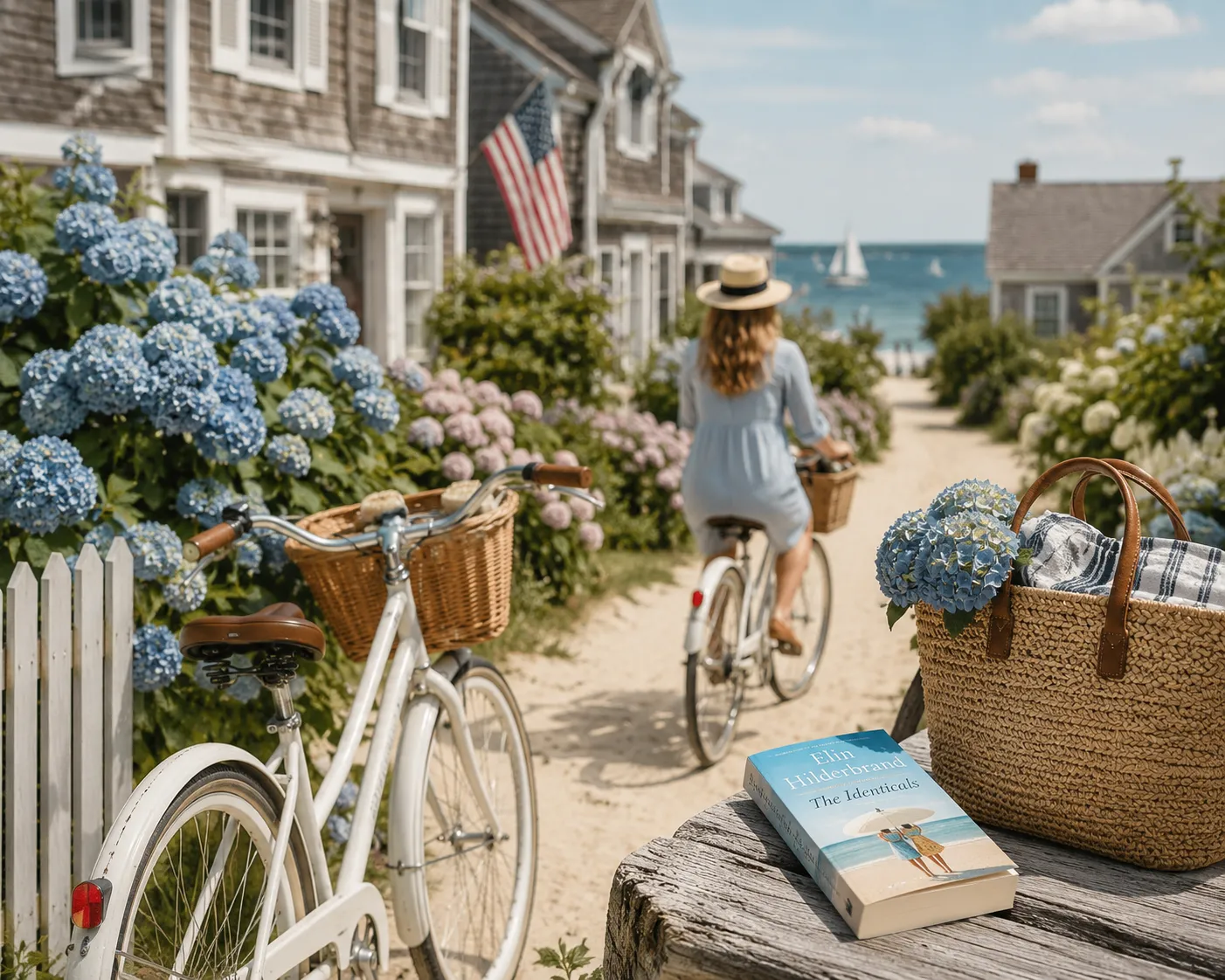 Nantucket beach readaway with books, hydrangeas, and coastal cottages.
