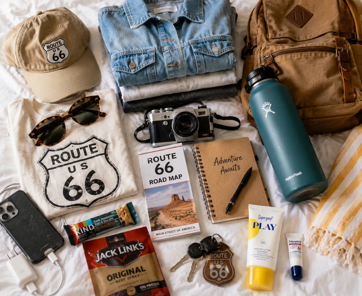 Route 66 packing checklist with travel essentials, map, camera, and road trip items.