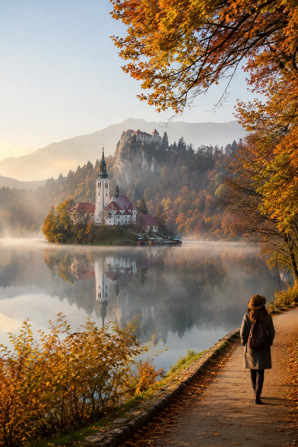 Lake Bled Slovenia autumn colors and island church