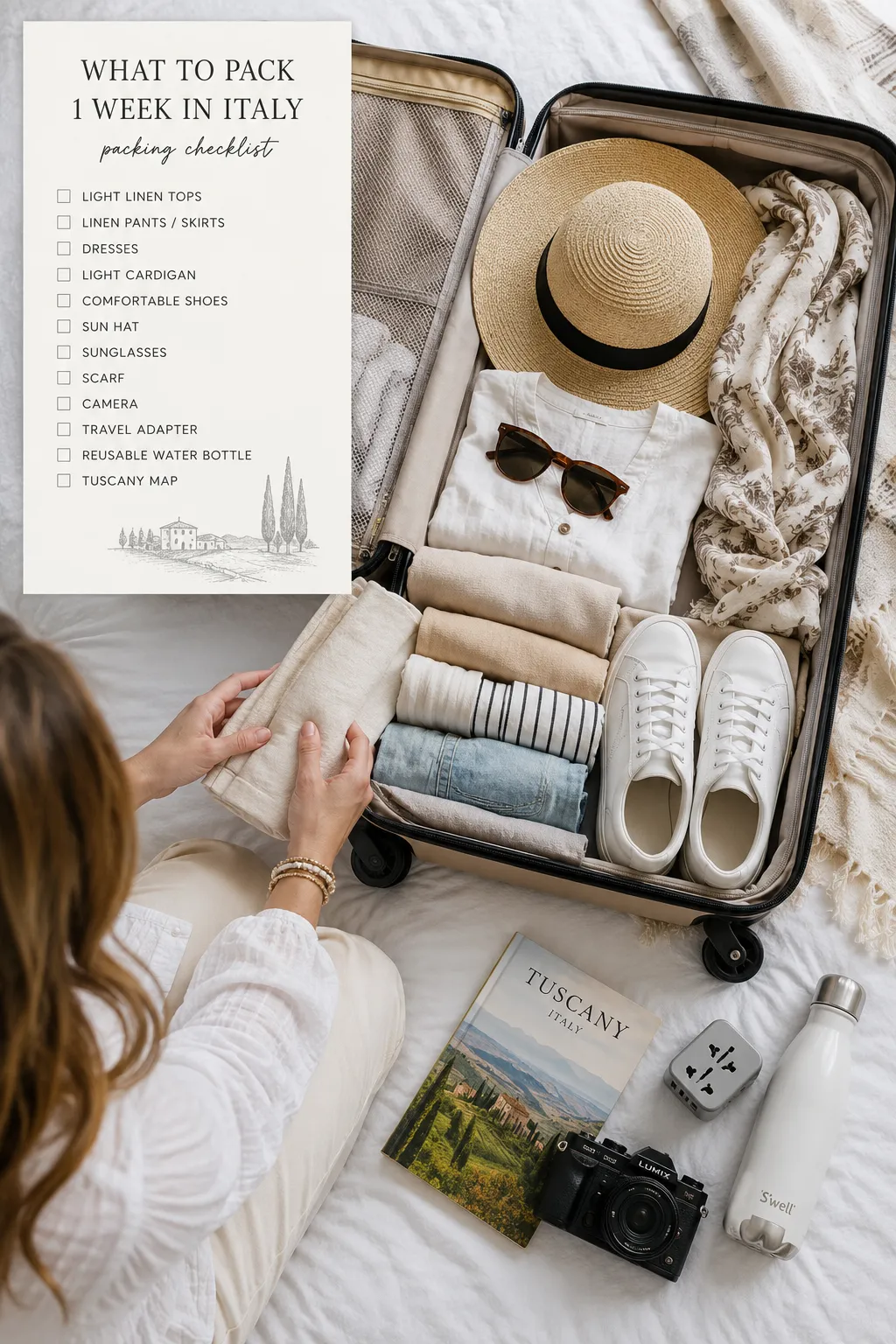 Packing checklist for one week of slow travel in Lucca Italy.
