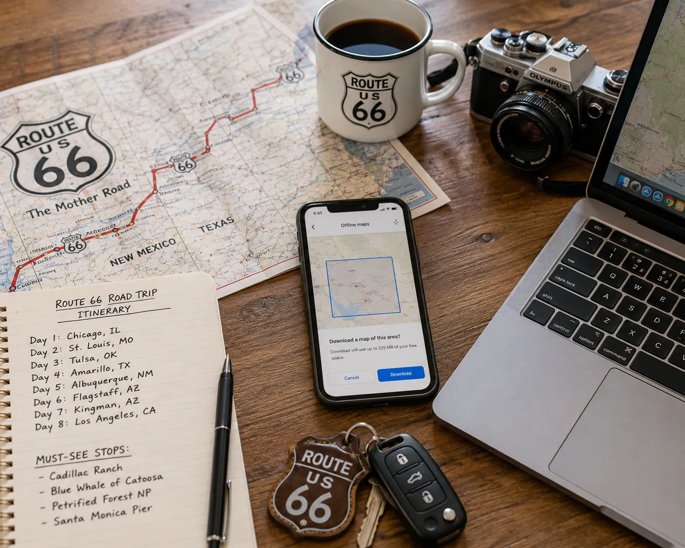 Route 66 road trip downloads with offline maps, phone, notebook, and travel planning items.