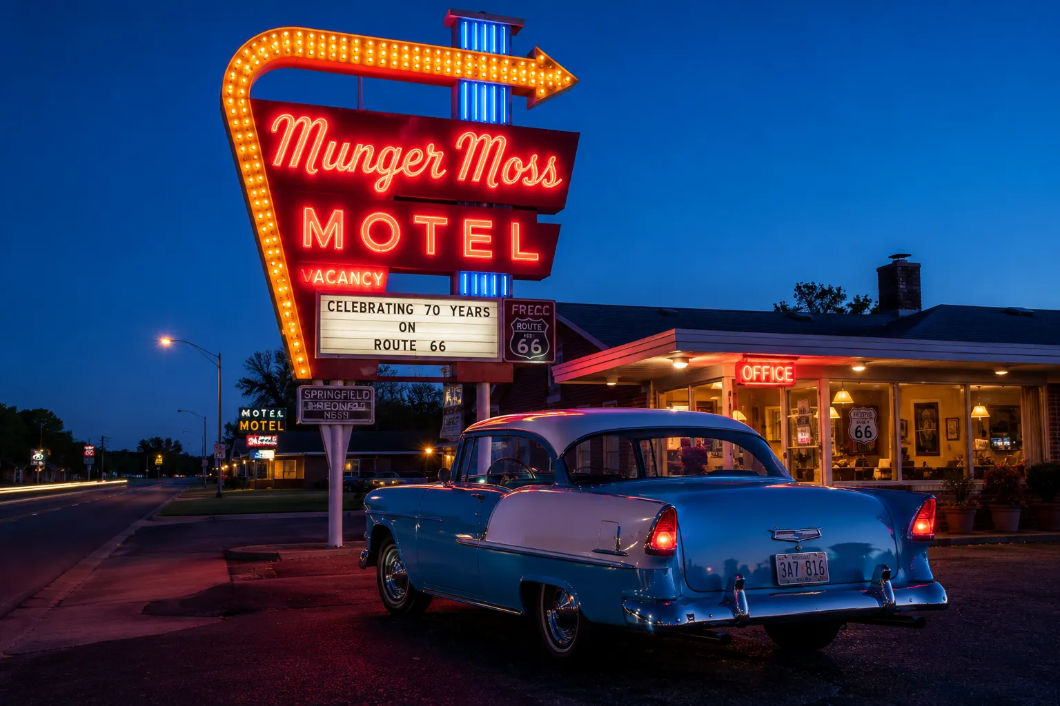 Vintage Route 66 motel sign in Missouri at blue hour.