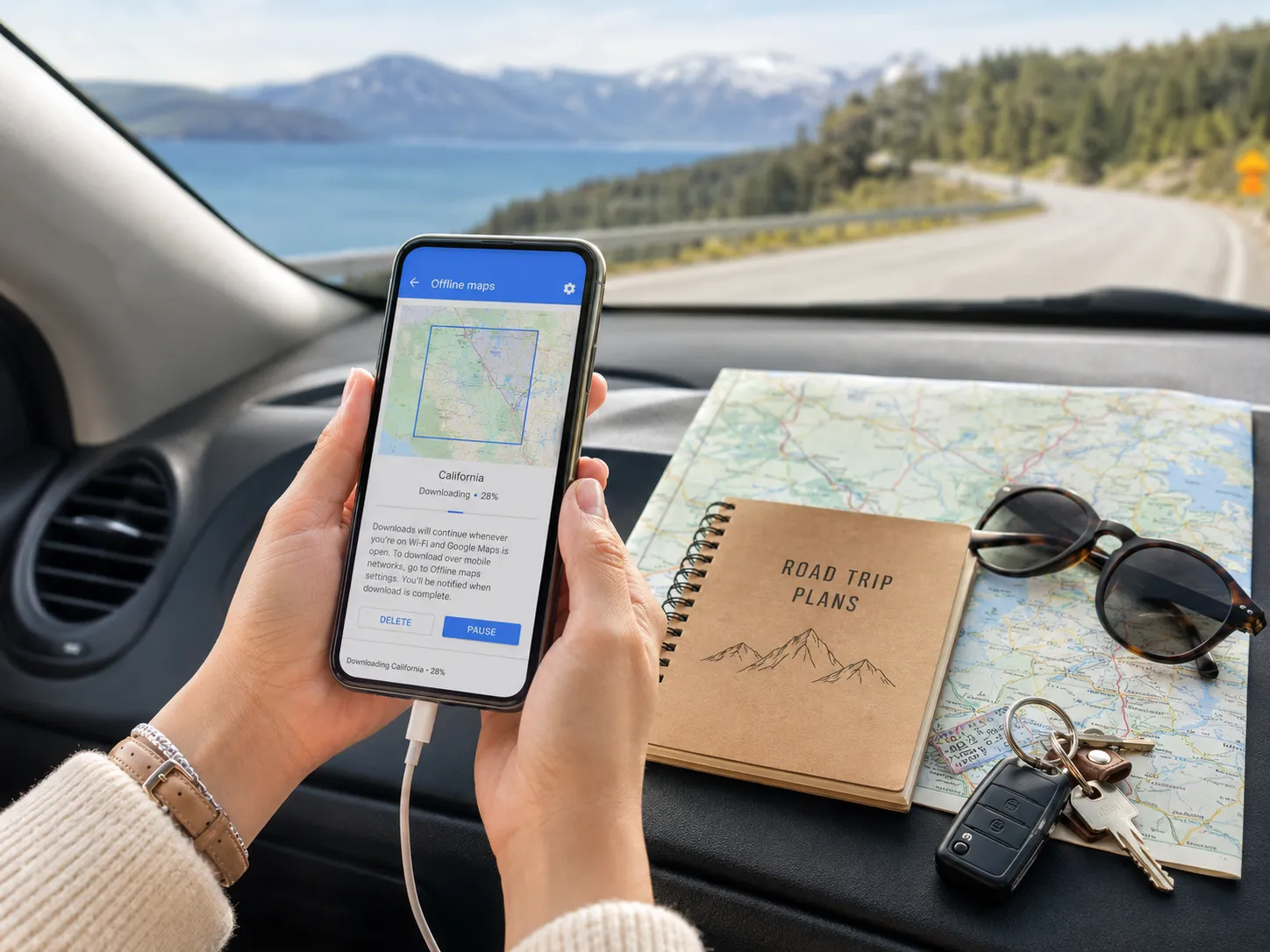 Phone with offline maps downloaded for a road trip beside paper map and car keys.