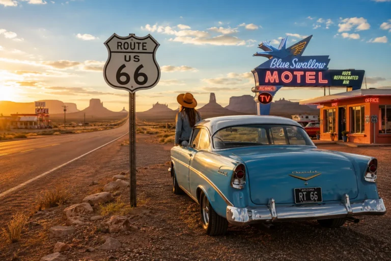 Route 66 road trip guide 2026 with classic highway sign, vintage car, and desert scenery.