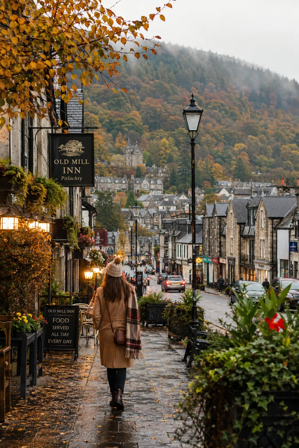 Pitlochry Scotland autumn town with colorful trees and cozy streets