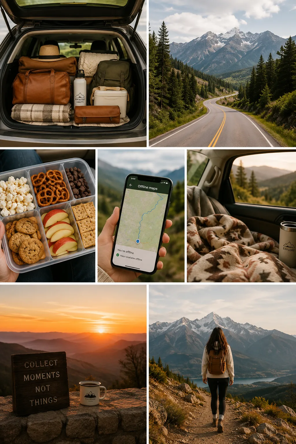 Pinterest-worthy road trip photo collage with packed car, scenic highway, snacks, and sunset viewpoint.