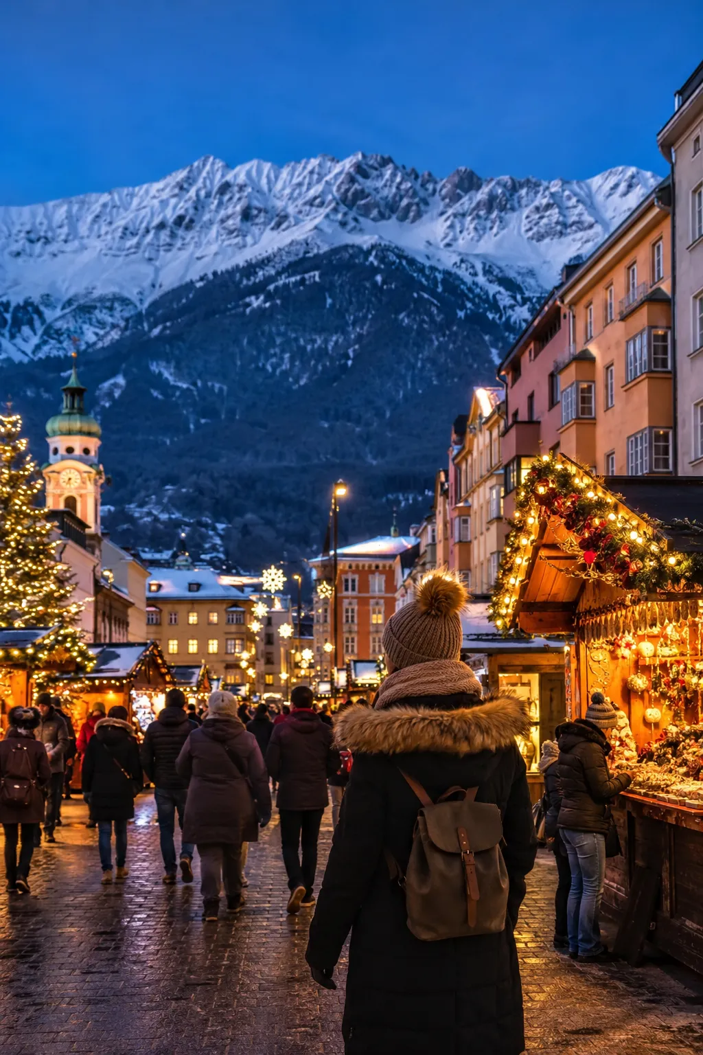 Riga Christmas market in Old Town with festive stalls and cathedral backdrop.

