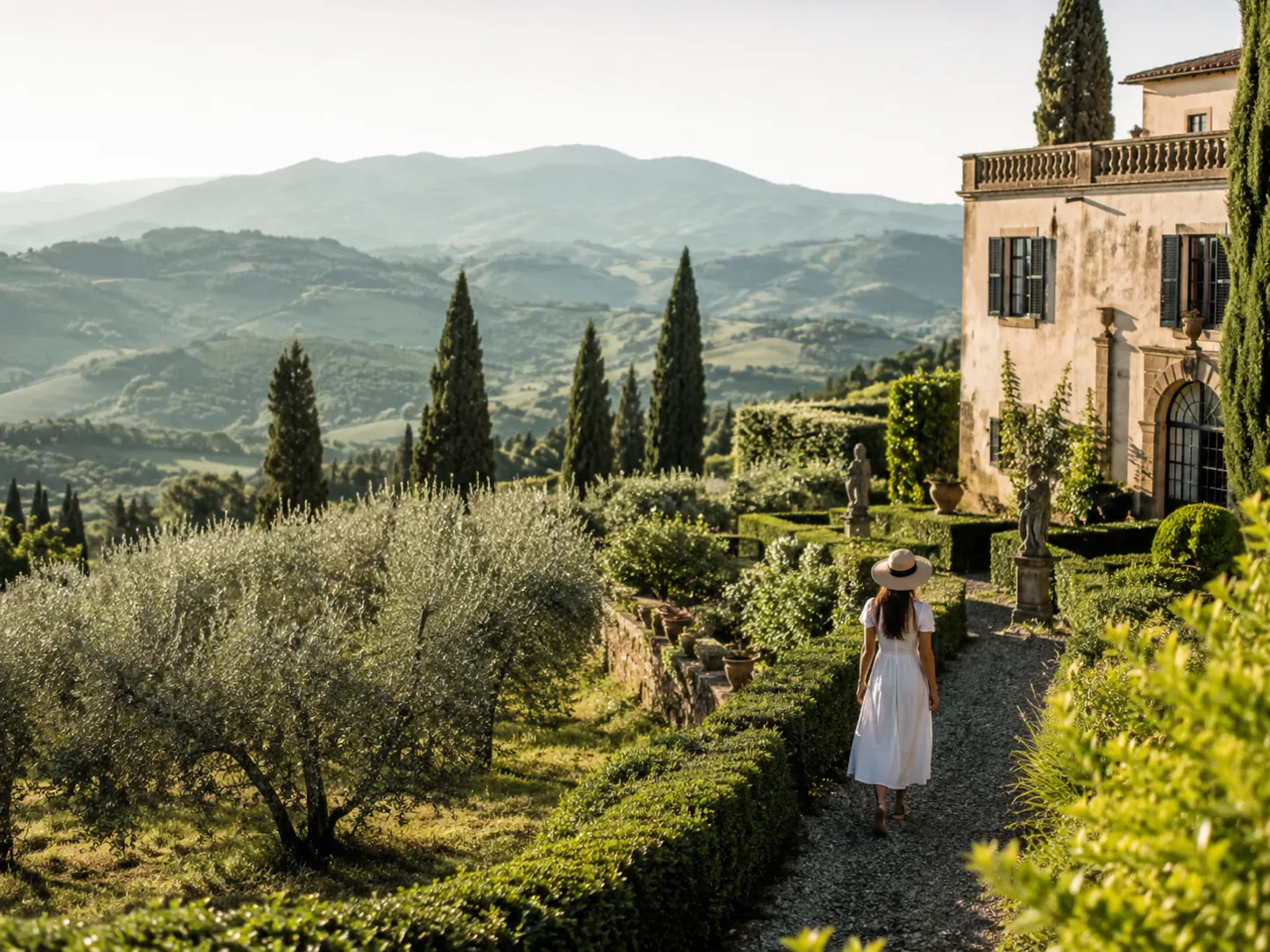 Countryside near Lucca Tuscany with villa gardens and olive groves.
