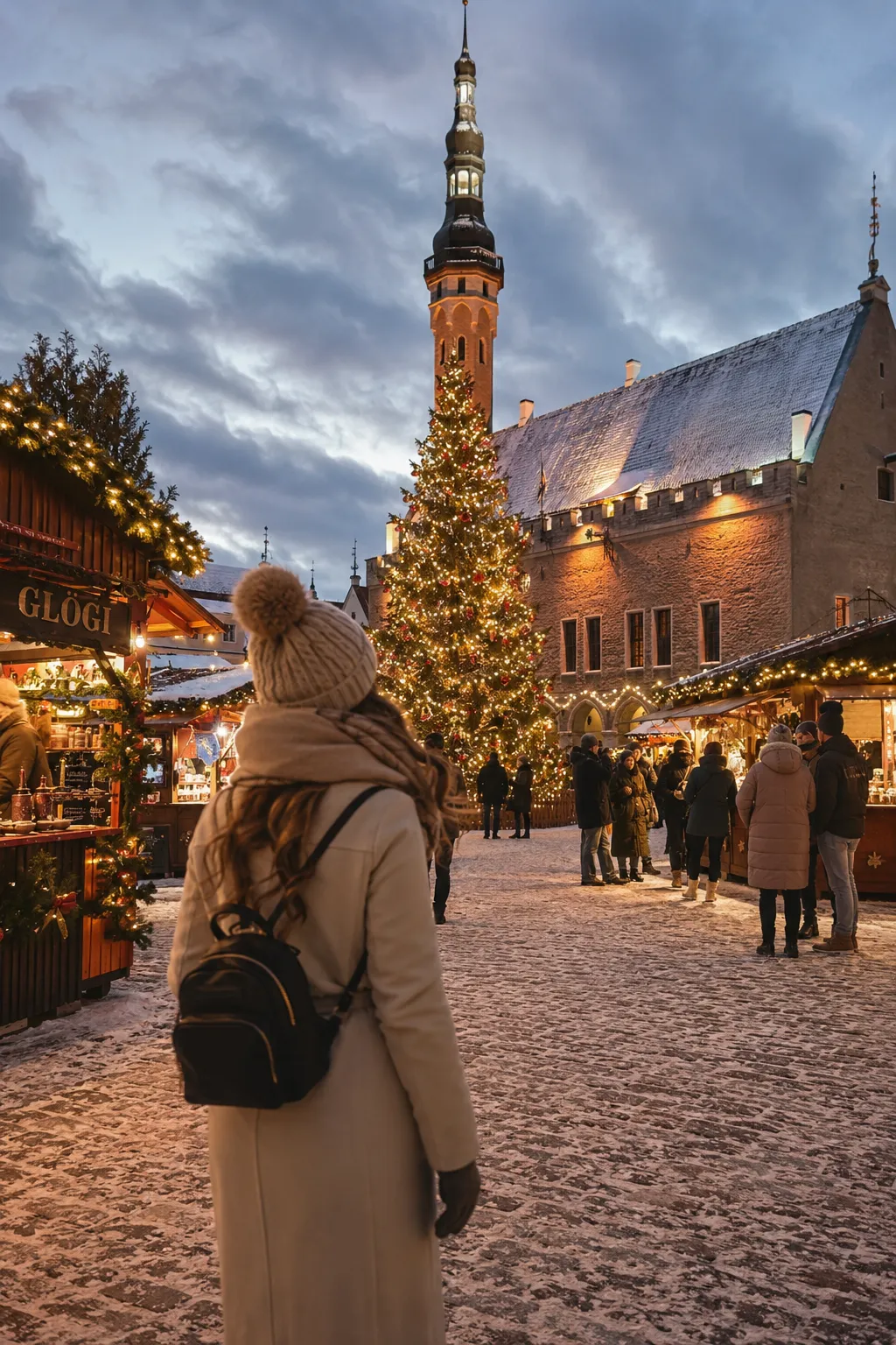 Tallinn Christmas Market in medieval Town Hall Square with snow and festive lights.
