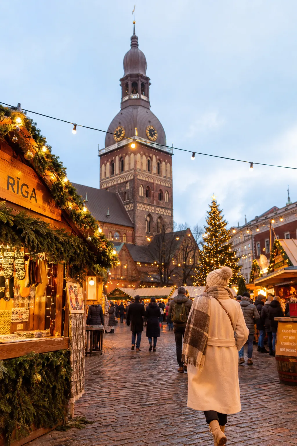 Salzburg Christmas market near the cathedral with festive stalls and old town lights.