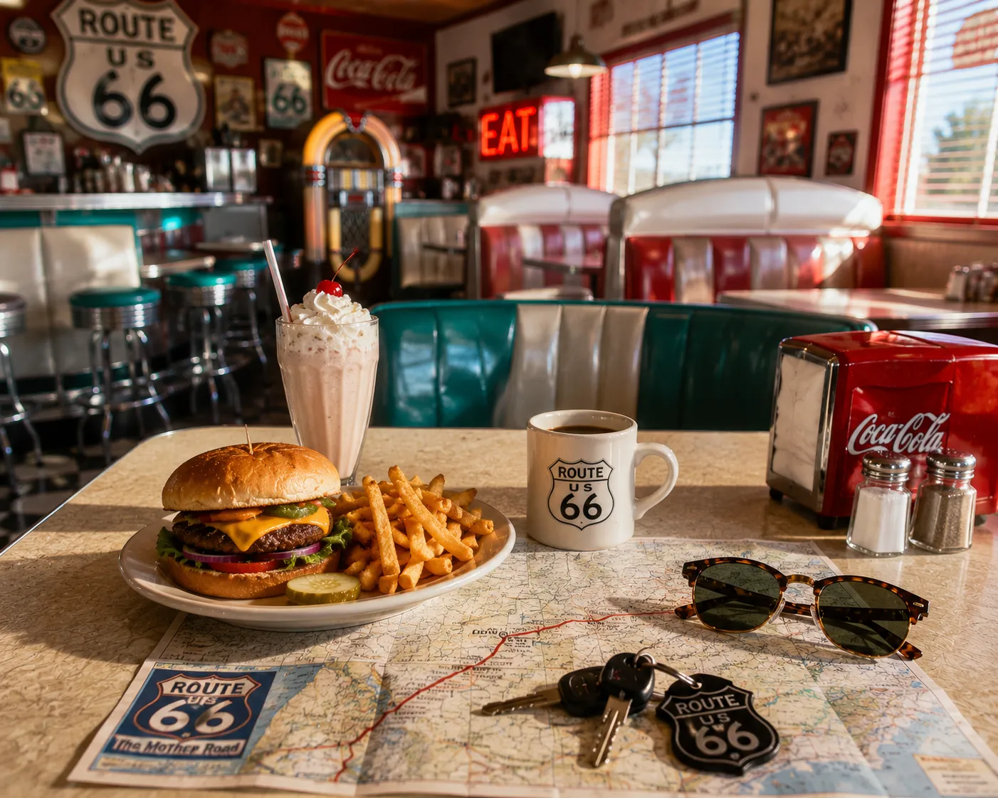 Classic Route 66 diner meal with burger, fries, milkshake, and road trip map.