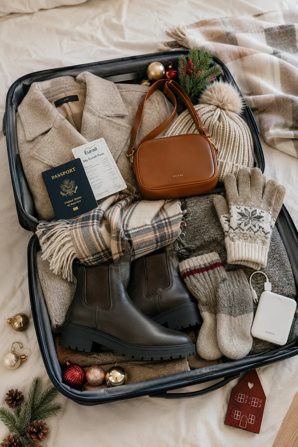 Packing checklist for European Christmas markets with winter clothes and travel essentials.