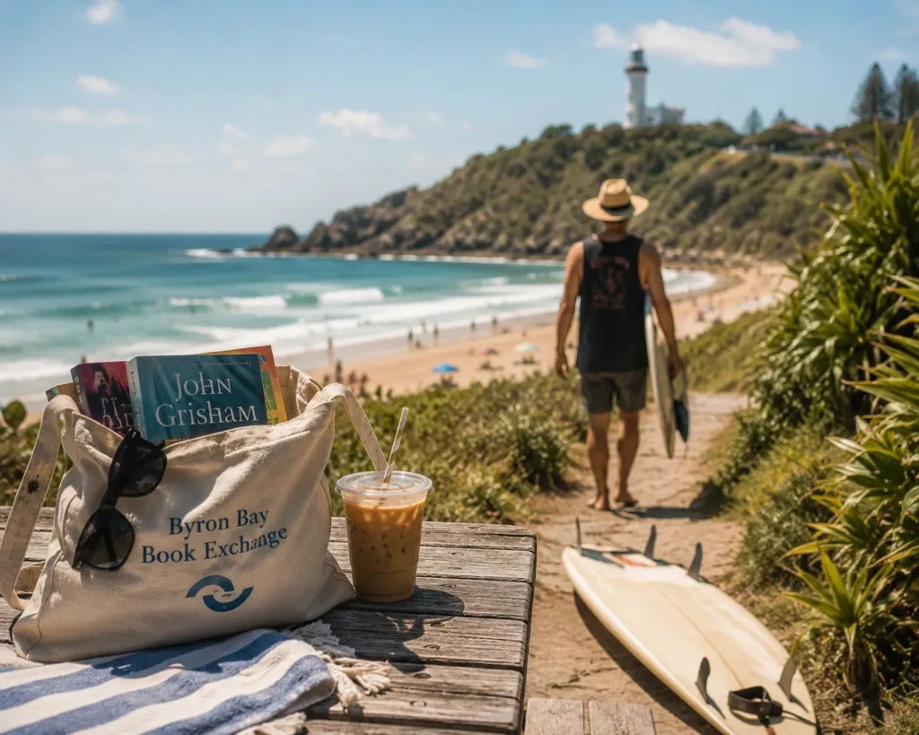 Byron Bay beach vacation for book lovers with books, surfboards, and lighthouse.