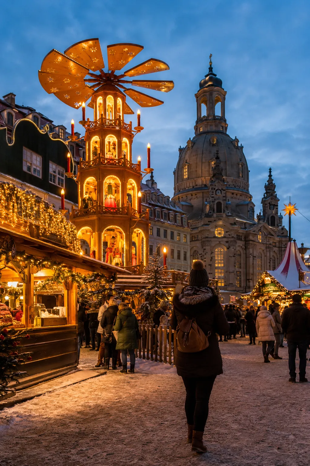Dresden Striezelmarkt Christmas market with festive pyramid and glowing stalls.