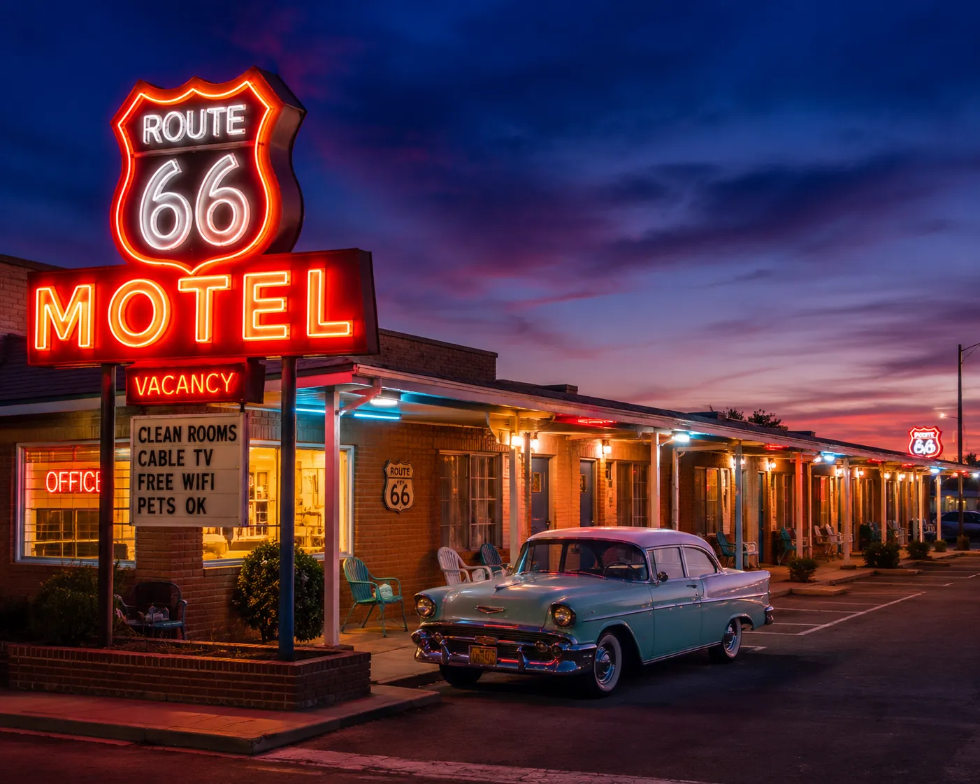 Vintage Route 66 motel with neon sign and classic car at twilight.