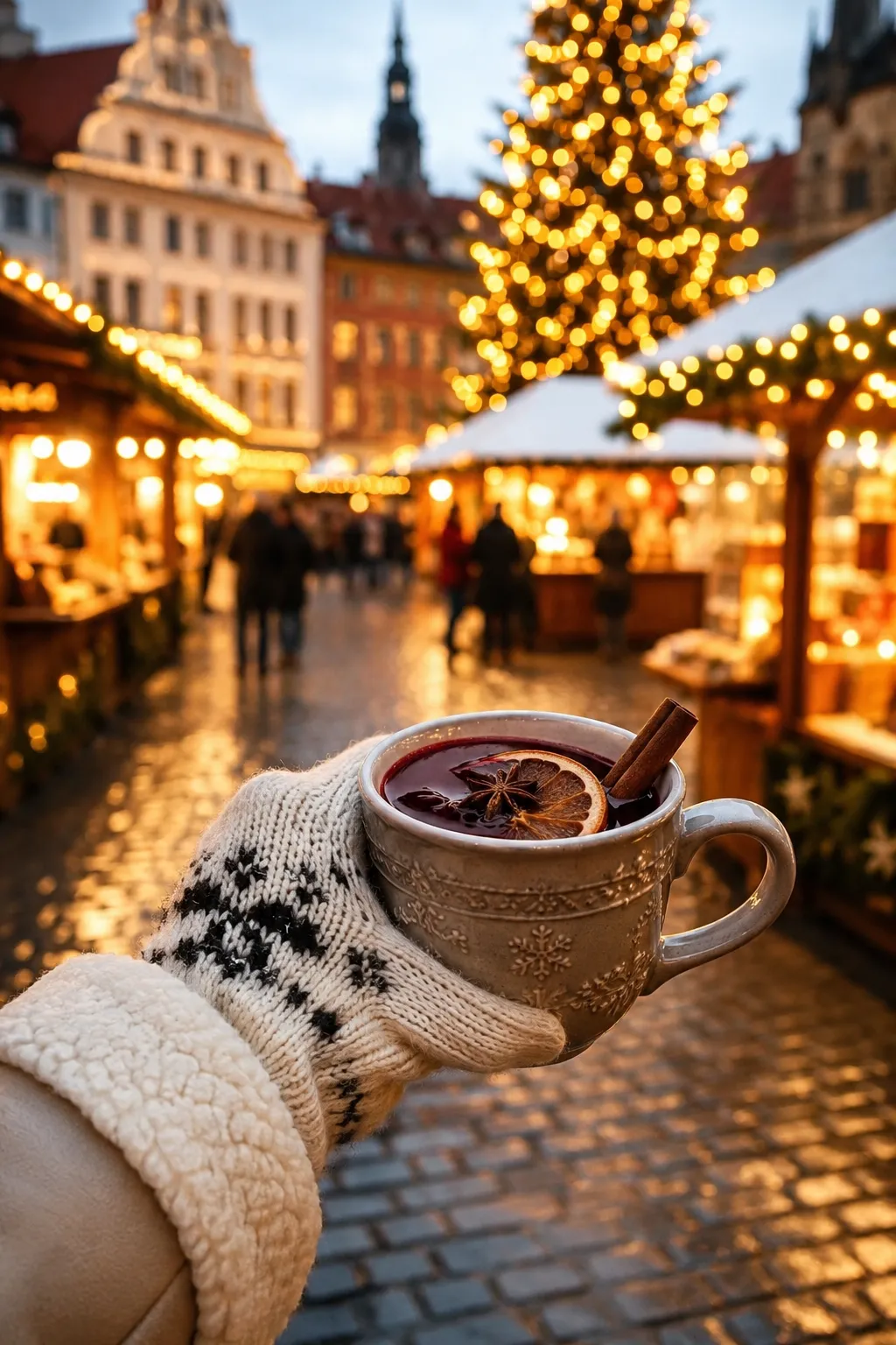 Pinterest photo idea holding a hot drink at a European Christmas market.