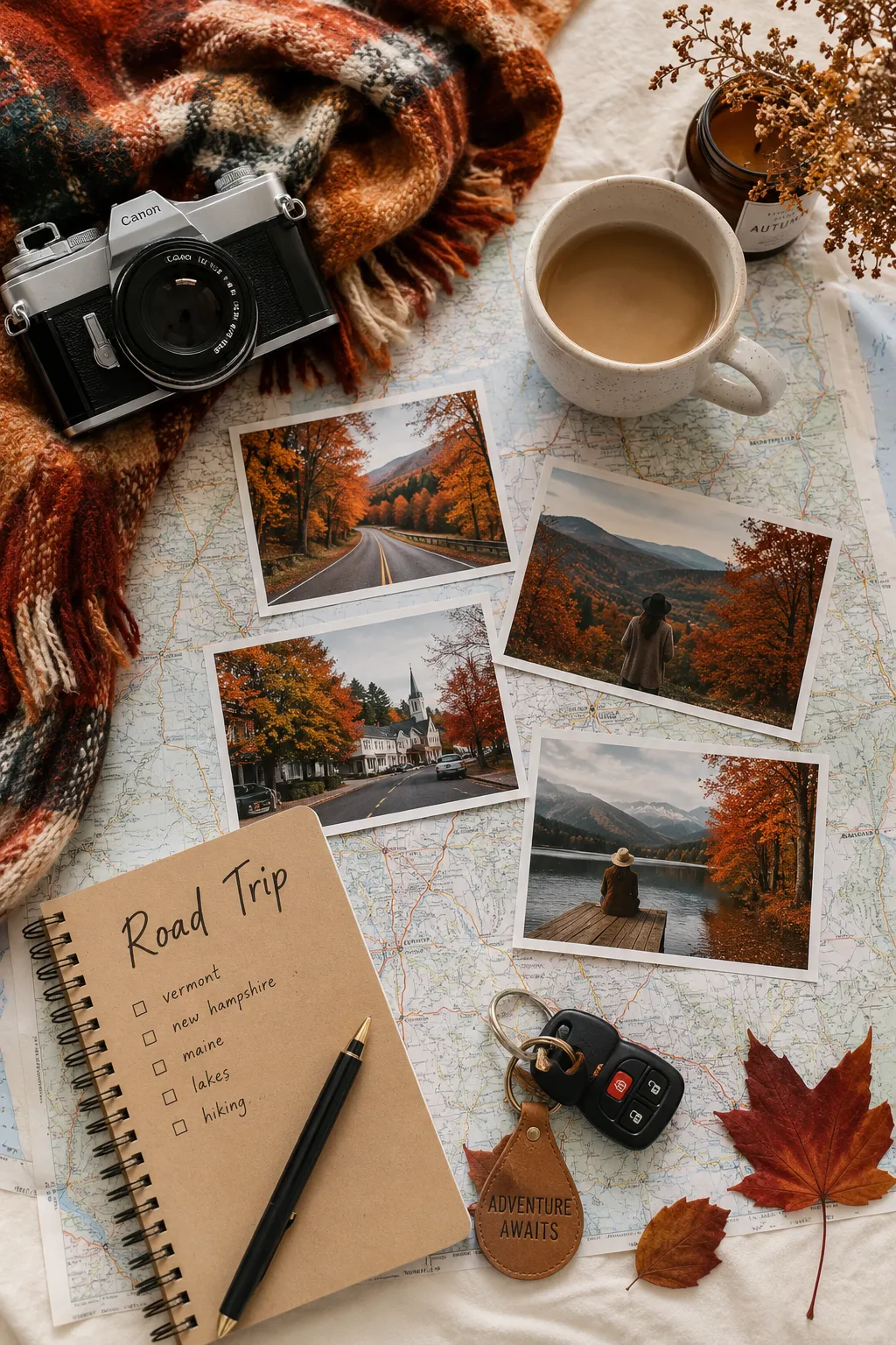 Fall road trip planning map with autumn travel essentials