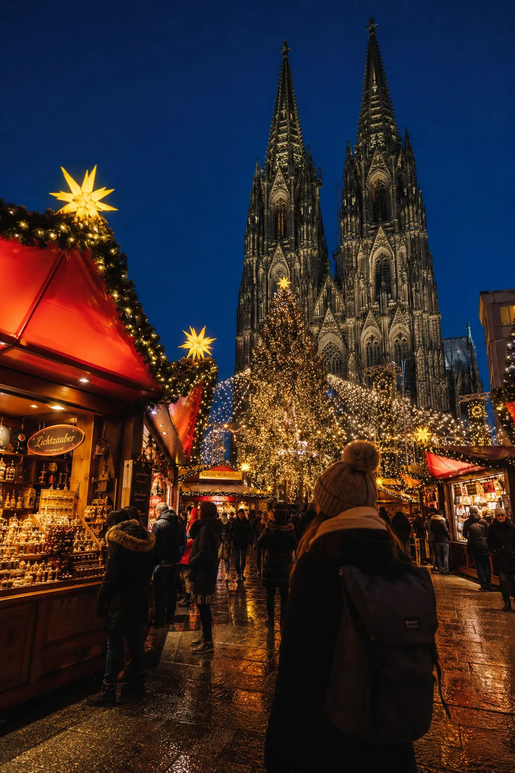 Cologne Cathedral Christmas Market in Germany with festive stalls and lights.