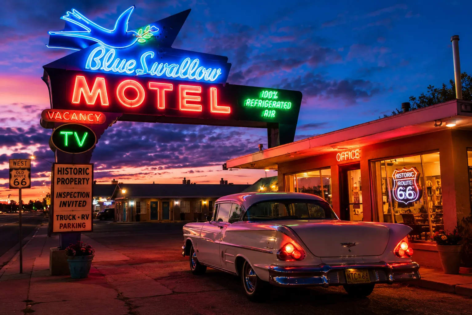 Route 66 neon motel sign in Tucumcari New Mexico.