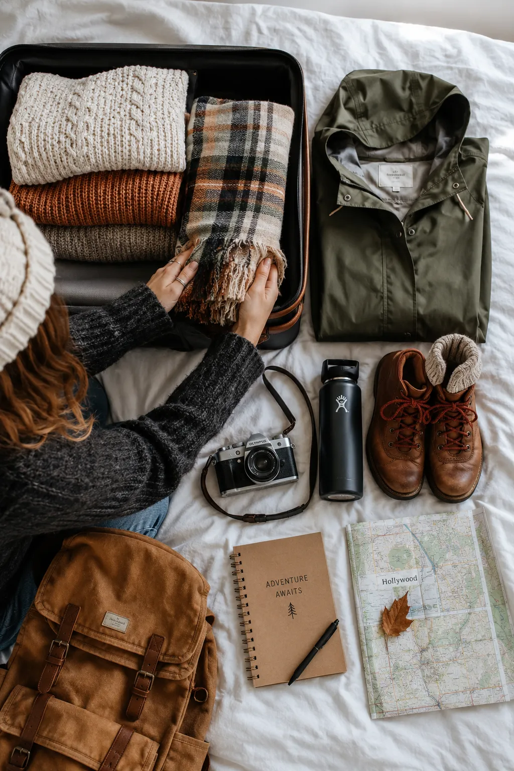 Fall travel packing checklist with sweaters, boots, scarf, and suitcase
